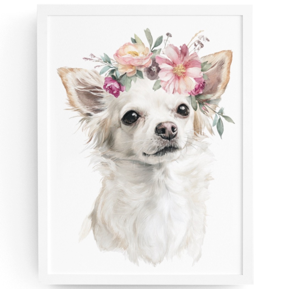 Watercolor White Chihuahua with Flowers Portrait Wall Art Print Poster Unframed